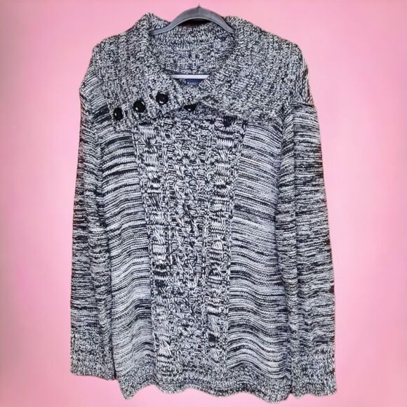 NEW Karen Scott XL Cable Knit Pullover Black Marble Sweater Button Drape Collar - Picture 1 of 10